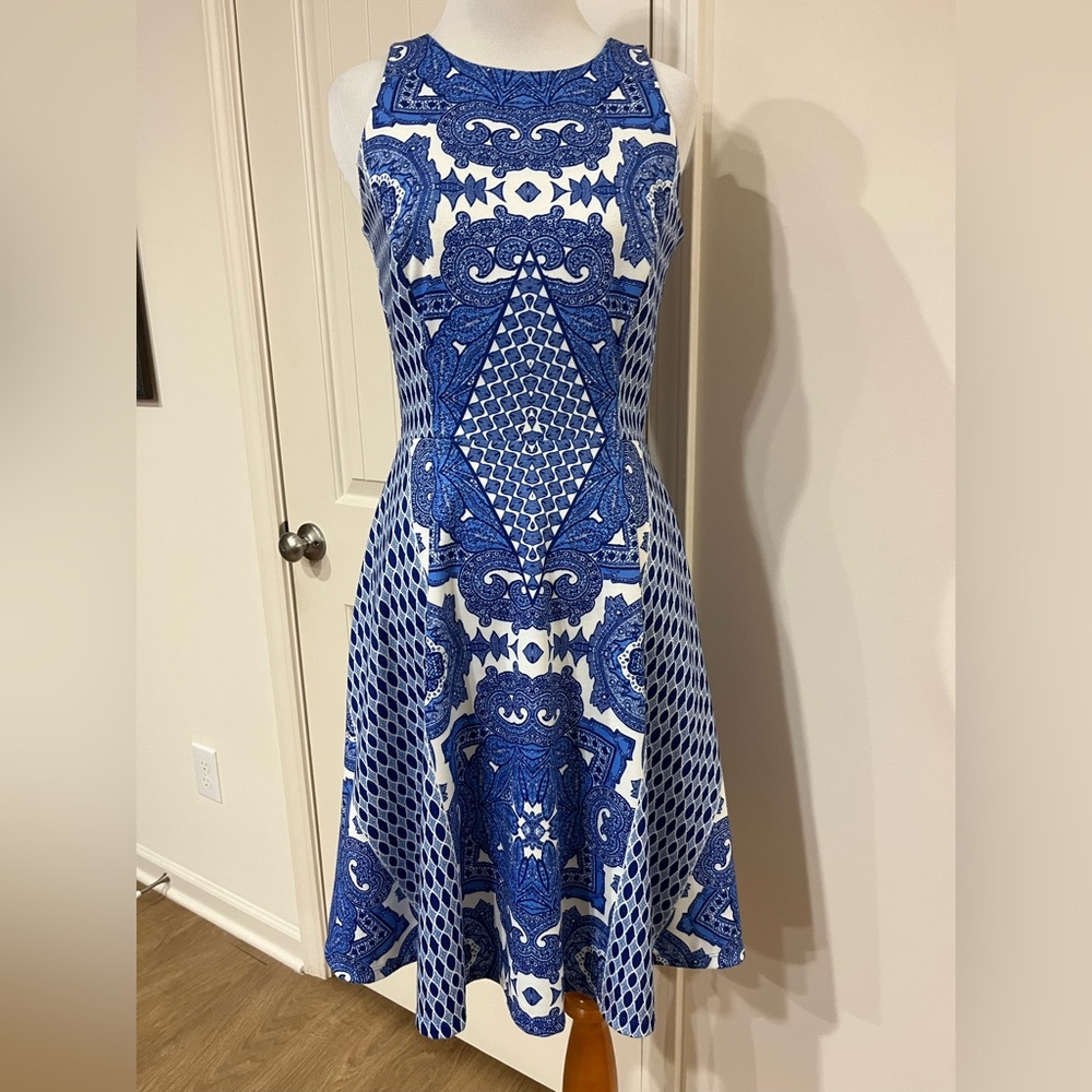 Daniel Cremieux Blue and White Geometric Midi Dress